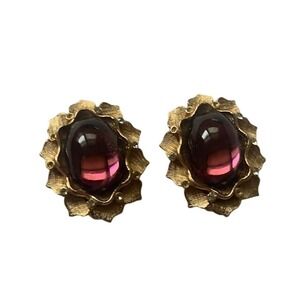 Vintage Boho Oval Gold Tone Pink Stone Clip On Earrings Sunburst Textured Border